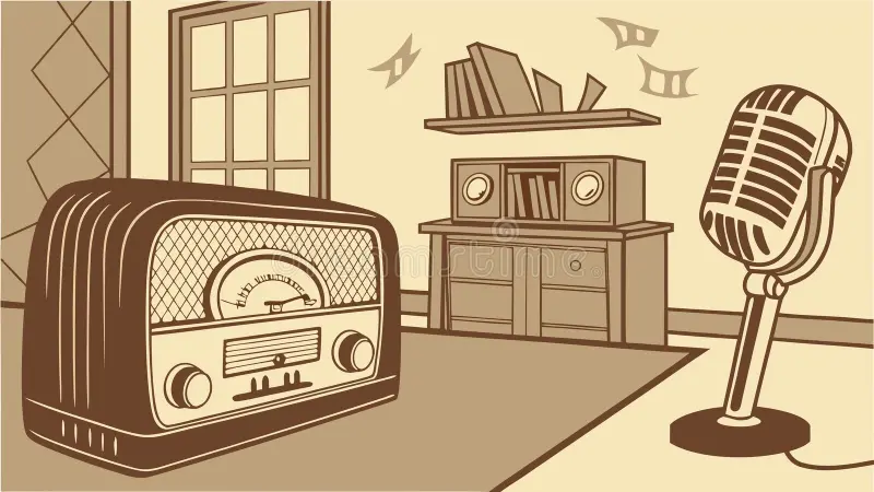 A vintage-style illustration showing radio waves, musical notes, and retro microphones representing the evolution of audio advertising