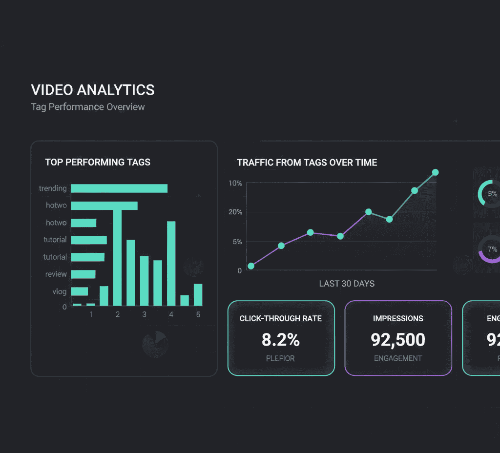 Video analytics dashboard displaying tag performance metrics and optimization insights for content creators