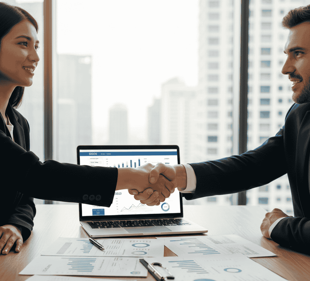 Business consultation meeting discussing SEO agency pricing and digital marketing strategy implementation