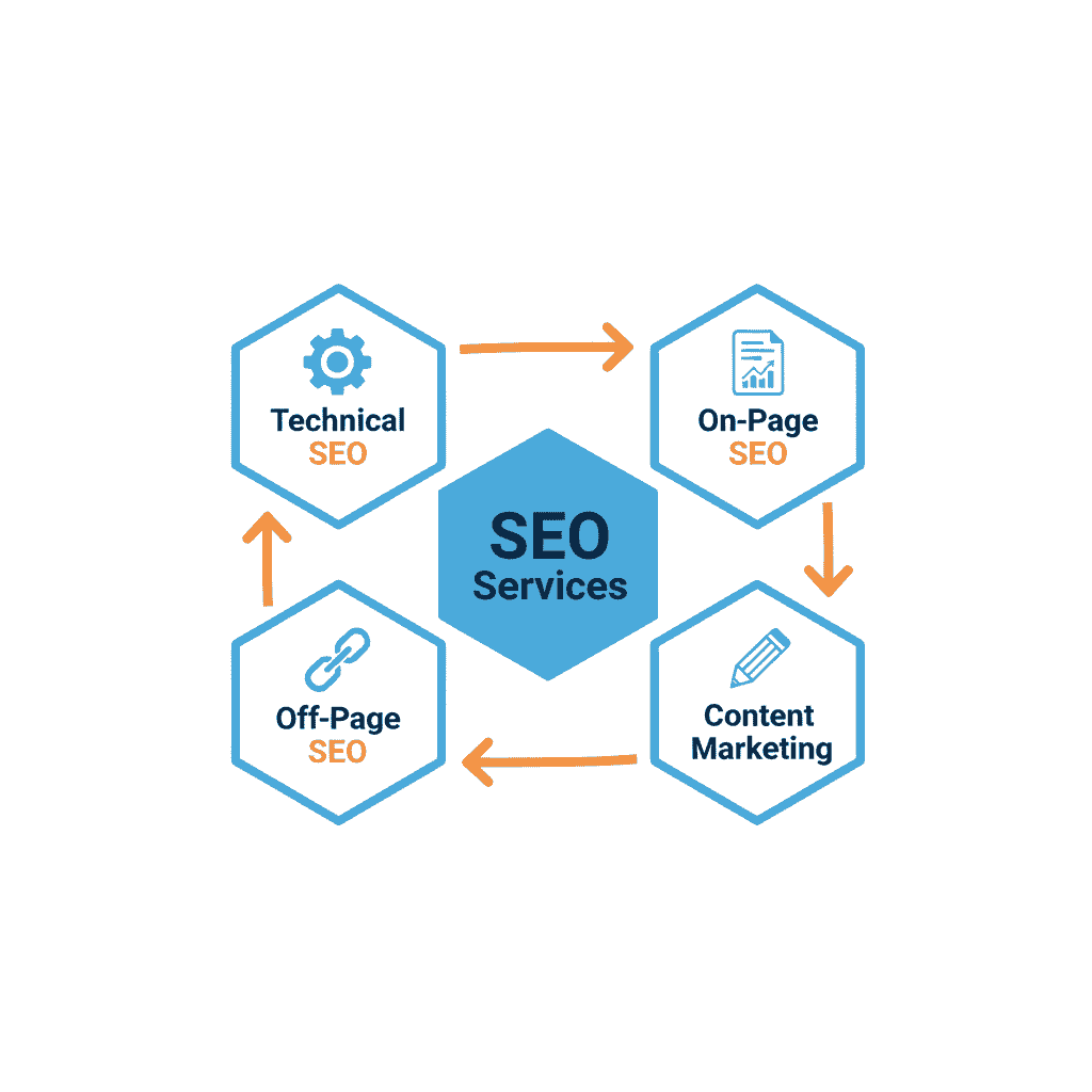 Comprehensive SEO services breakdown including technical optimization, content marketing, and link building strategies