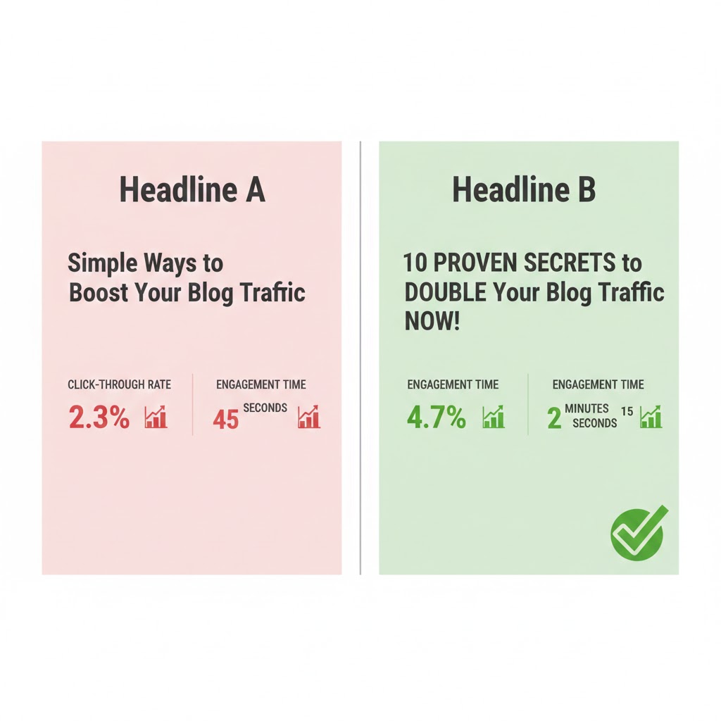 A/B testing comparison showing headline performance metrics and optimization results for 2025